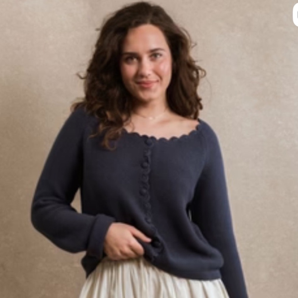 Neuflora Nora Scallop-Trim Cardigan - Navy size L